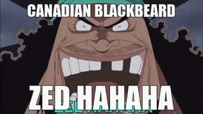 A Cartoon Of A Man With A Beard Is Laughing With The Words `` Canadian Blackbeard Zed Hahaha '' . GIF