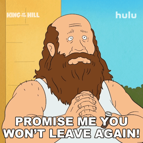A Cartoon Of A Man With A Beard Says Promise Me You Won T Leave Again GIF