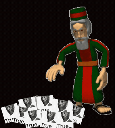 A Cartoon Of A Man With A Beard Standing Next To A Stack Of Cards That Say " True " GIF