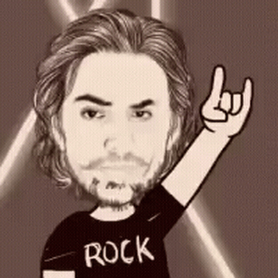 A Cartoon Of A Man With A Beard Wearing A Rock Shirt Making A Horns Sign . GIF