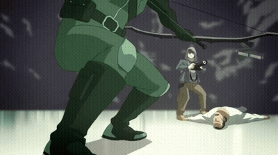 A Cartoon Of A Man With A Bow And Arrow Standing Next To A Man With A Camera GIF