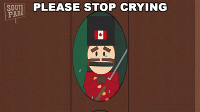 A Cartoon Of A Man With A Canadian Flag On His Hat And The Words Please Stop Crying GIF