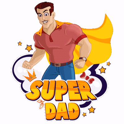 A Cartoon Of A Man With A Cape And The Words Super Dad Behind Him GIF