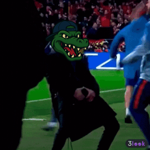 A Cartoon Of A Man With A Crocodile Head On A Soccer Field With The Words 3Look At The Bottom GIF