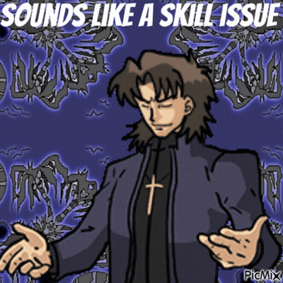 A Cartoon Of A Man With A Cross On His Chest And The Words Sounds Like A Skill Issue GIF