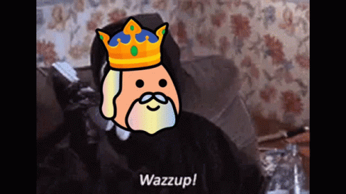 A Cartoon Of A Man With A Crown On His Head And The Word Wazzup Below Him GIF
