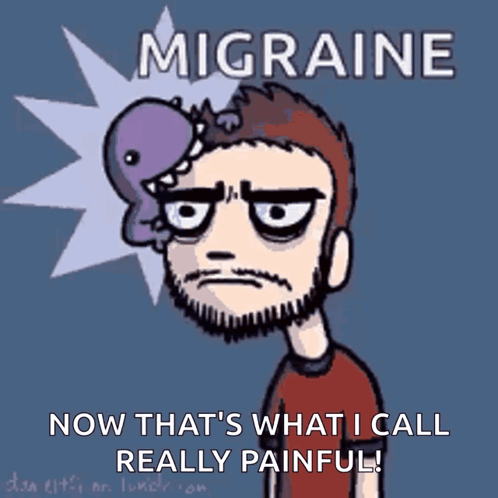 A Cartoon Of A Man With A Dinosaur On His Head With The Words Migraine Now That 'S What I Call Really Painful GIF