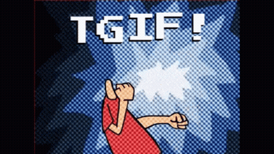 A Cartoon Of A Man With A Fist In The Air And The Words Tgif Written Above Him GIF