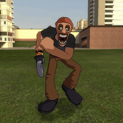 A Cartoon Of A Man With A Huge Mouth Holding A Tool GIF