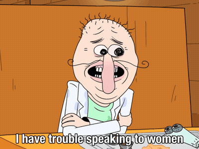 A Cartoon Of A Man With A Long Nose Says " I Have Trouble Speaking To Women " GIF