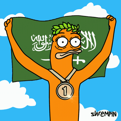 A Cartoon Of A Man With A Medal Around His Neck Holding A Flag With Arabic Writing On It GIF