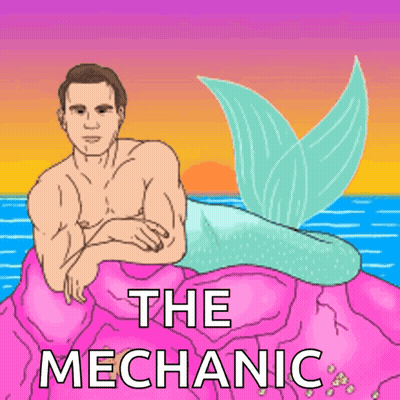 A Cartoon Of A Man With A Mermaid Tail And The Words " The Mechanic " GIF