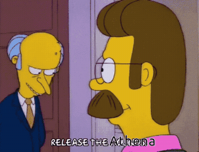 A Cartoon Of A Man With A Mustache And Glasses Says Release The Athena GIF