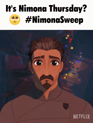 A Cartoon Of A Man With A Mustache And The Words It 'S Nimona Thursday GIF