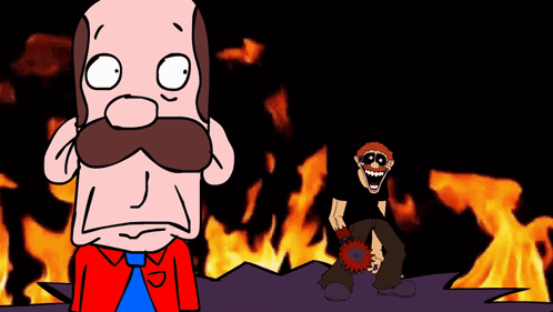 A Cartoon Of A Man With A Mustache Is Standing In Front Of A Fire GIF