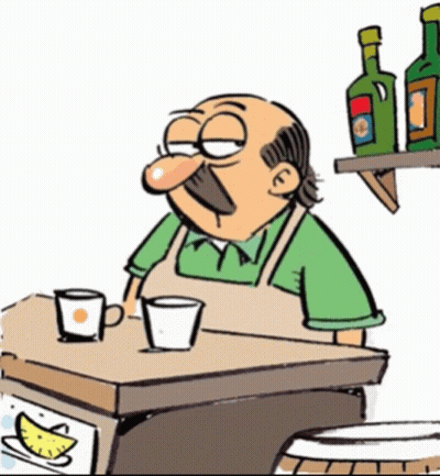 A Cartoon Of A Man With A Mustache Sitting At A Table GIF