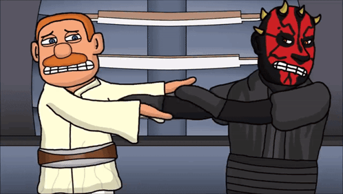 A Cartoon Of A Man With A Mustache Standing Next To A Cartoon Character With A Red Mask GIF