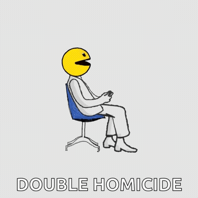 A Cartoon Of A Man With A Pac Man Face Sitting In A Chair With The Words Double Homicide Below Him GIF