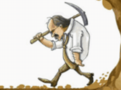 A Cartoon Of A Man With A Pickaxe Walking Through A Hole GIF