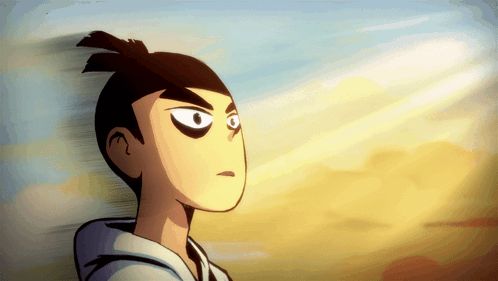 A Cartoon Of A Man With A Ponytail Looks To The Side GIF