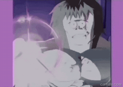 A Cartoon Of A Man With A Purple Background And A Purple Light Coming Out Of His Face . GIF