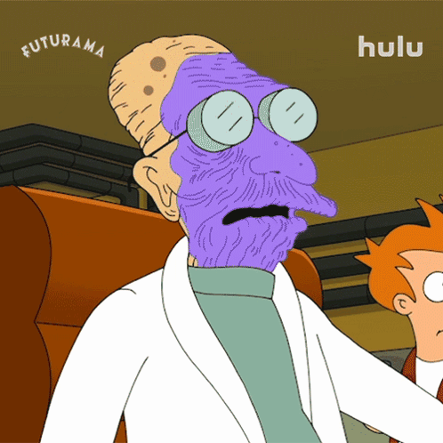 A Cartoon Of A Man With A Purple Face And The Words Futurama On The Bottom GIF