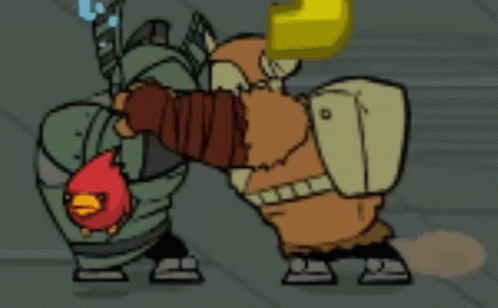 A Cartoon Of A Man With A Red Bird On His Back Standing Next To Another Man GIF