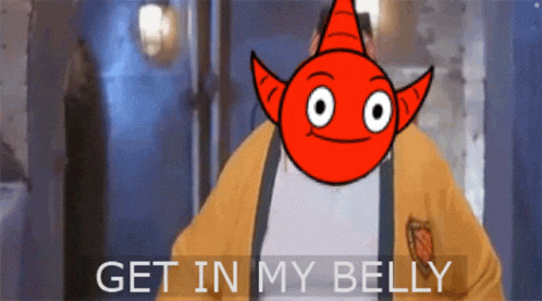 A Cartoon Of A Man With A Red Face And The Words Get In My Belly Above Him GIF