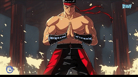 A Cartoon Of A Man With A Red Headband And A Realm Kast Logo On The Bottom GIF