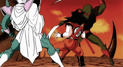 A Cartoon Of A Man With A Red Shirt That Says " Goku " GIF