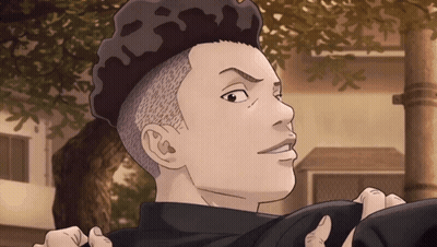A Cartoon Of A Man With A Shaved Head And A Leopard Print Hat GIF