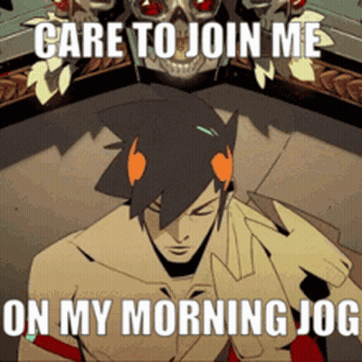 A Cartoon Of A Man With A Skull In The Background Says Care To Join Me On My Morning Jog GIF