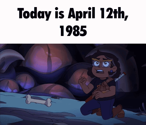 A Cartoon Of A Man With A Sword And The Date 1985 GIF