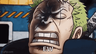 A Cartoon Of A Man With A Sword Making A Funny Face With The Words `` Ew '' Written On It . GIF