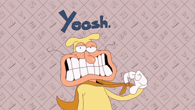 A Cartoon Of A Man With A Tie And The Word Yeosh On The Bottom GIF