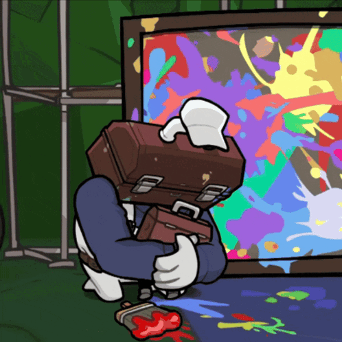 A Cartoon Of A Man With A Toolbox On His Head Looking At A Colorful Painting GIF