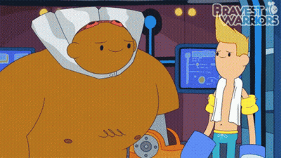 A Cartoon Of A Man With A Towel Around His Neck And The Words Bravest Warriors Behind Him GIF