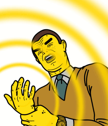 A Cartoon Of A Man With A Watch On His Wrist And A Yellow Circle Around His Face GIF