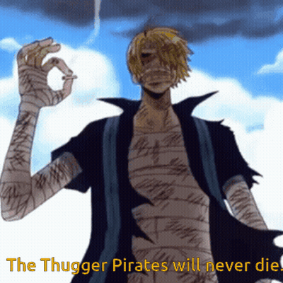 A Cartoon Of A Man With Bandages On His Arms And The Words " The Thugger Pirates Will Never Die " GIF