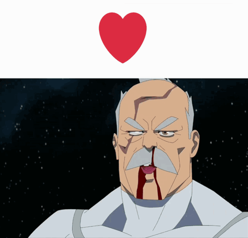 A Cartoon Of A Man With Blood Coming Out Of His Nose And A Heart Above Him GIF