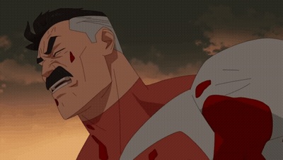 A Cartoon Of A Man With Blood On His Face And A Skull In The Background GIF