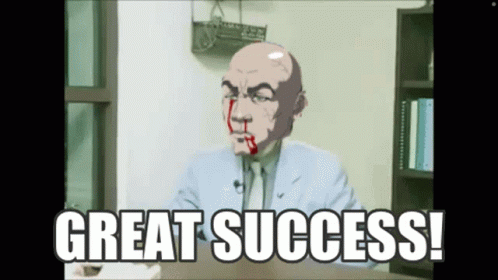 A Cartoon Of A Man With Blood On His Face And The Words Great Success GIF