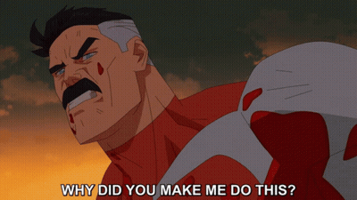 A Cartoon Of A Man With Blood On His Face And The Words " Why Did You Make Me Do This " Below Him GIF