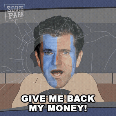 A Cartoon Of A Man With Blue And White Paint On His Face And The Words Give Me Back My Money GIF