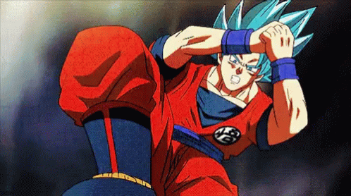 A Cartoon Of A Man With Blue Hair And A Red Shirt That Says Goku GIF