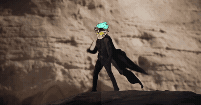 A Cartoon Of A Man With Blue Hair And Glasses Standing On A Rock GIF