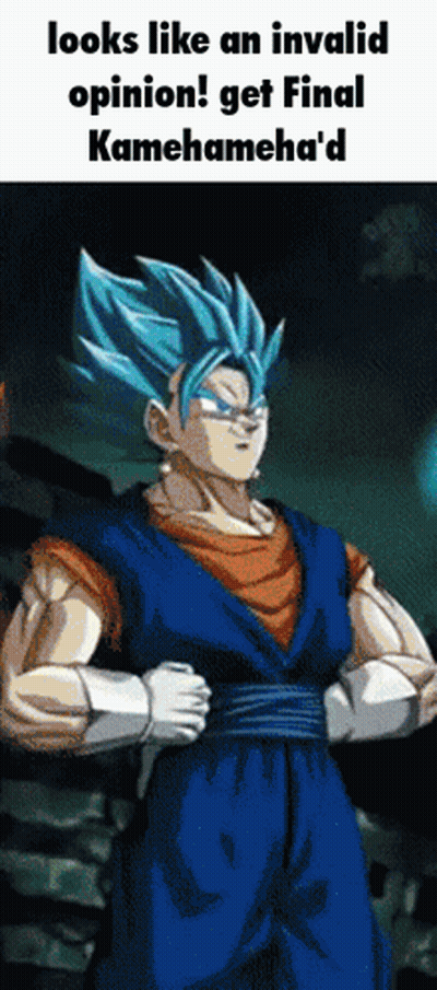 A Cartoon Of A Man With Blue Hair And The Words Looks Like An Invalid Opinion Get Final Kameha 'D GIF
