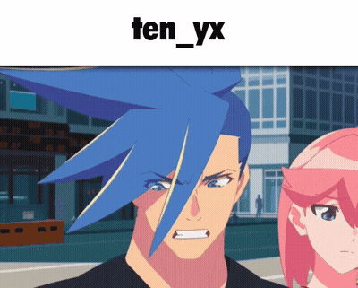 A Cartoon Of A Man With Blue Hair And The Words Ten_yx Below Him GIF