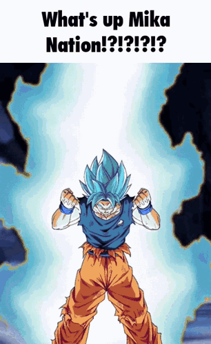 A Cartoon Of A Man With Blue Hair And The Words " What 'S Up Mika Nation " GIF