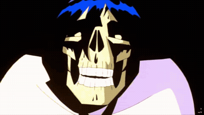 A Cartoon Of A Man With Blue Hair Making A Face GIF